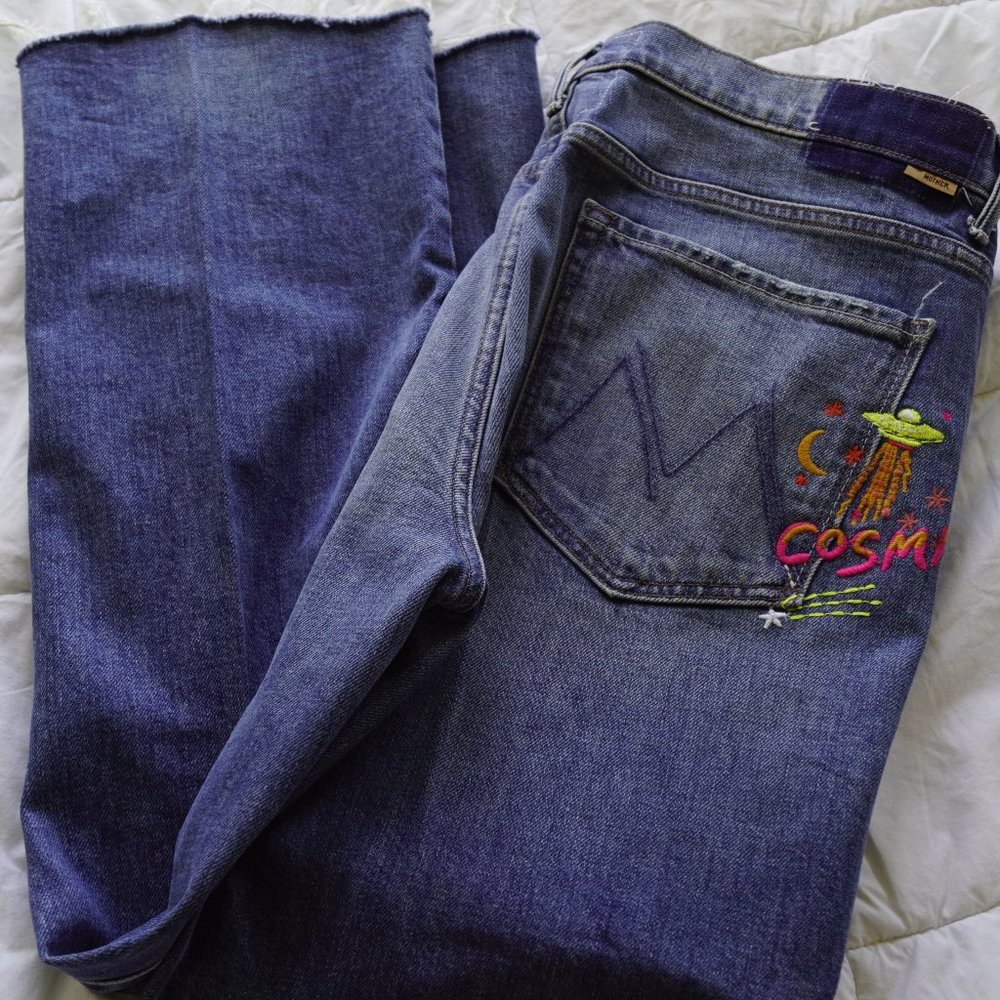 MOTHER Superior The Insider Ankle Fray Jeans, With Embroidery, Size 34